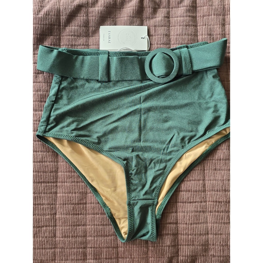 NWT Evarae Elena Bikini Bottoms Forest Green High Waisted Belted Women US 2